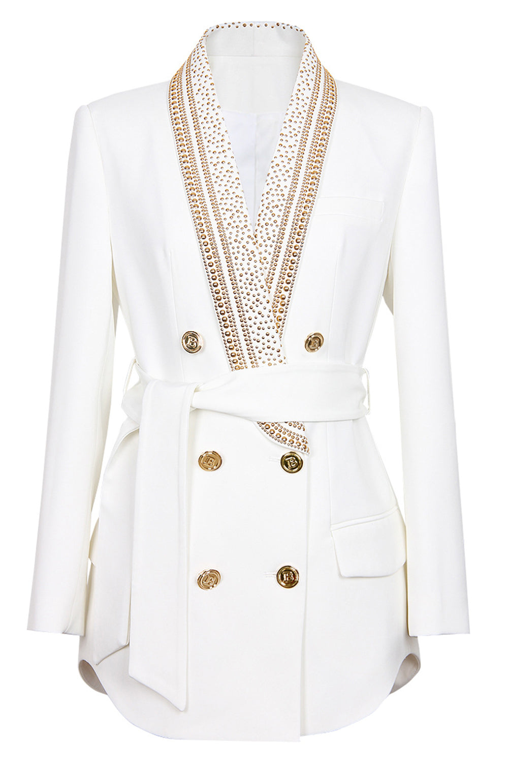 Vit Blazer - Dubbelknäppt - Gyllene detaljer - Bältad Blazer - Damkläder