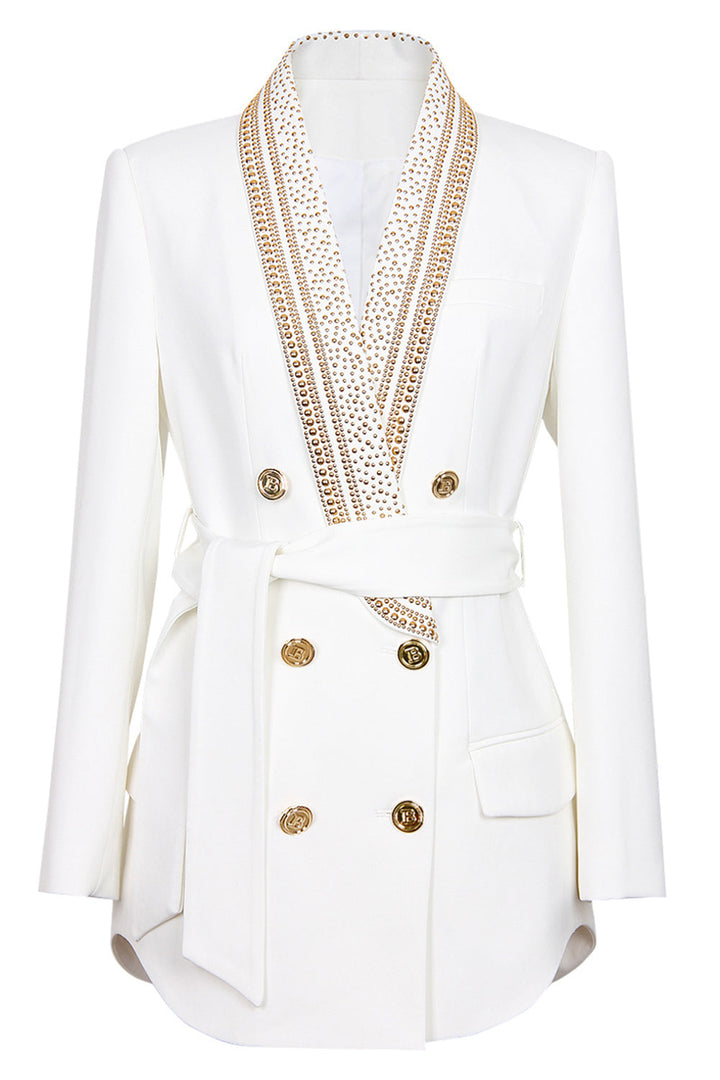Vit Blazer - Dubbelknäppt - Gyllene detaljer - Bältad Blazer - Damkläder
