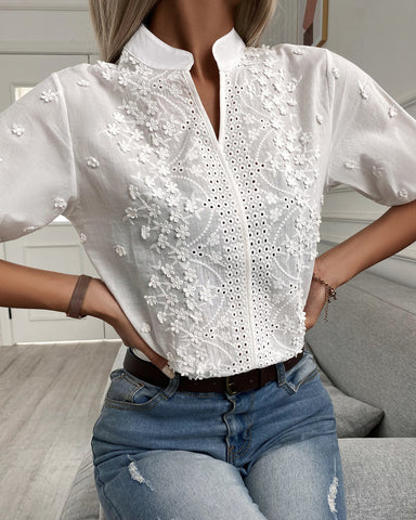 Vit Blus - Elegant kortärmad broderad blus för kvinnor