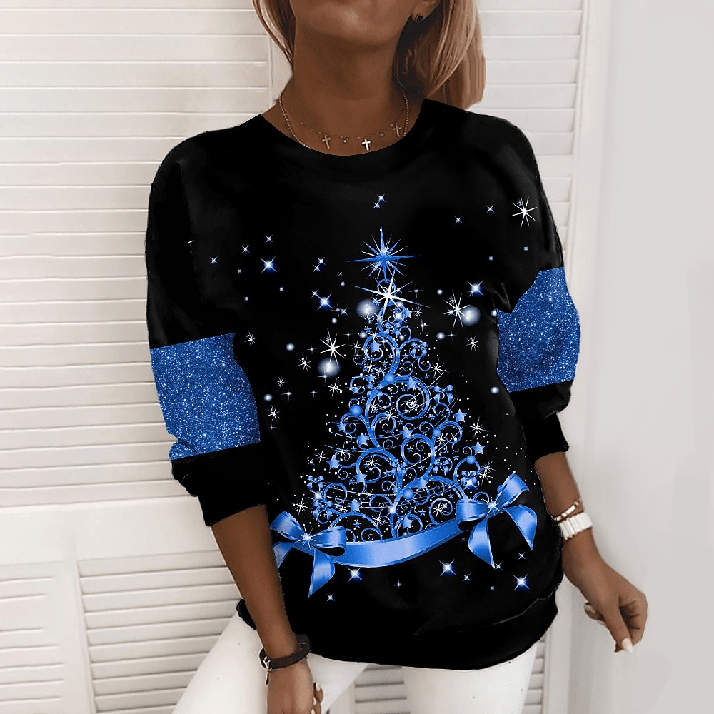 Xmas Pullover - Löst sittande julgranströja med rund hals för kvinnor