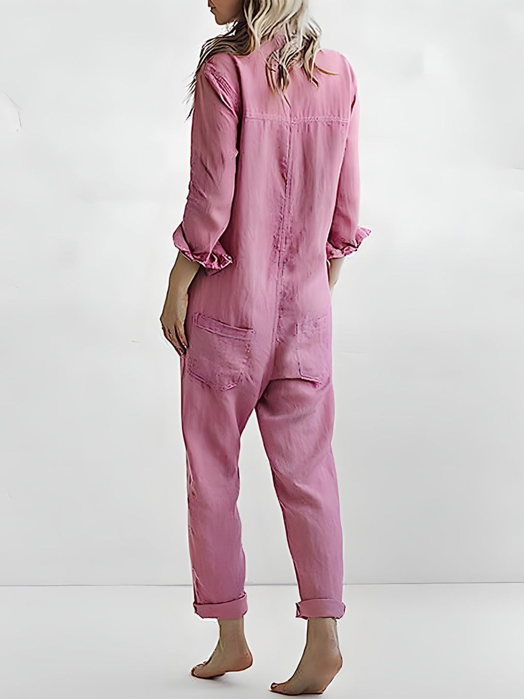 avslappnad jumpsuit  - Långärmad, löst sittande jumpsuit med knappar