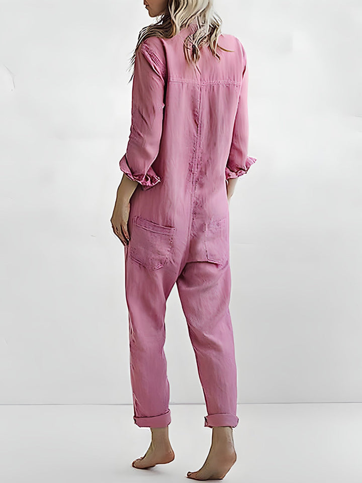 avslappnad jumpsuit  - Långärmad, löst sittande jumpsuit med knappar