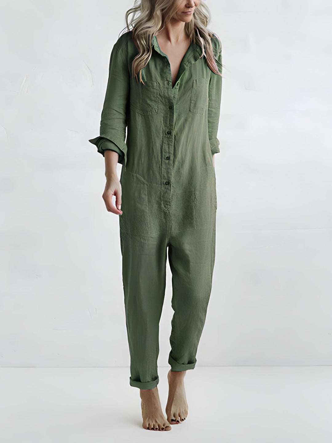 avslappnad jumpsuit  - Långärmad, löst sittande jumpsuit med knappar