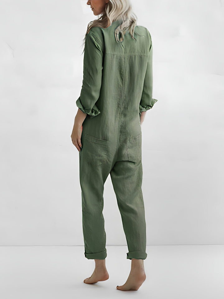 avslappnad jumpsuit  - Långärmad, löst sittande jumpsuit med knappar
