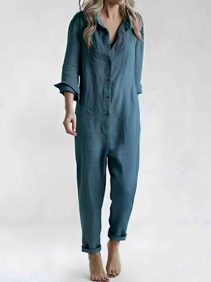 avslappnad jumpsuit  - Långärmad, löst sittande jumpsuit med knappar