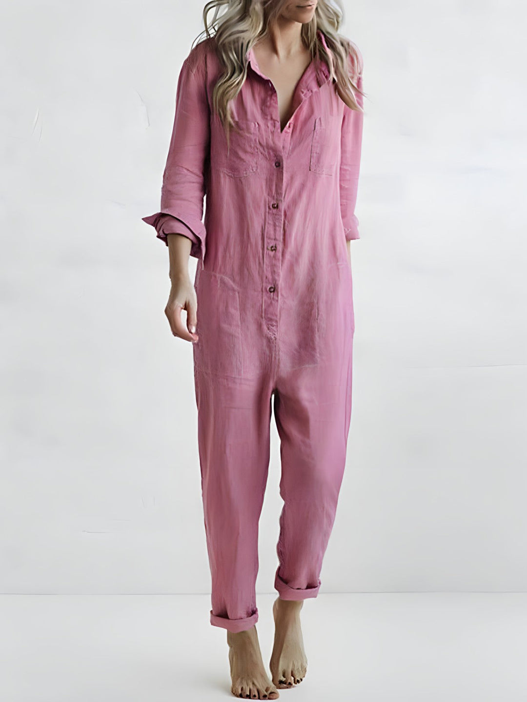 avslappnad jumpsuit  - Långärmad, löst sittande jumpsuit med knappar