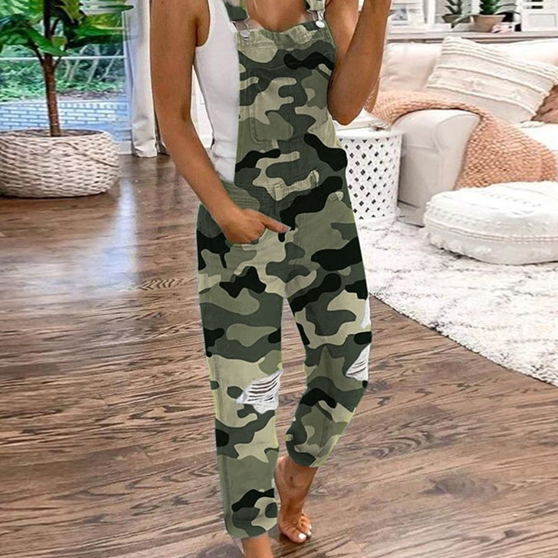 Avslappnad Dam Denim Jumpsuit med Fickor