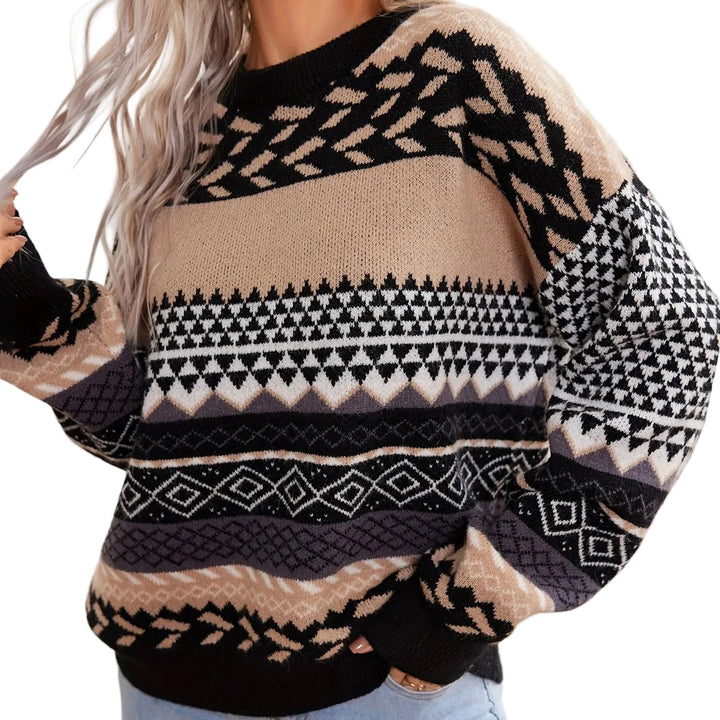 Dam Retro Pullover med Kontrastmönster