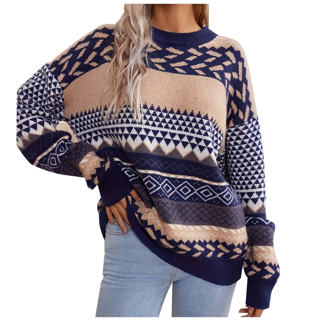 Dam Retro Pullover med Kontrastmönster