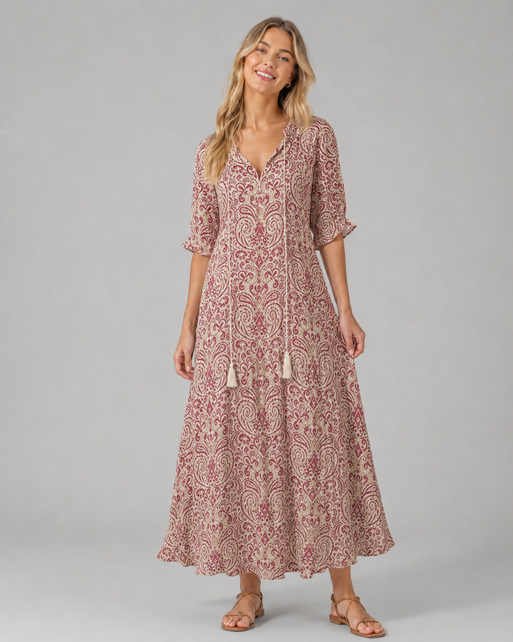 Dam Sommarklänning Boho Vintage Med V-Ringning