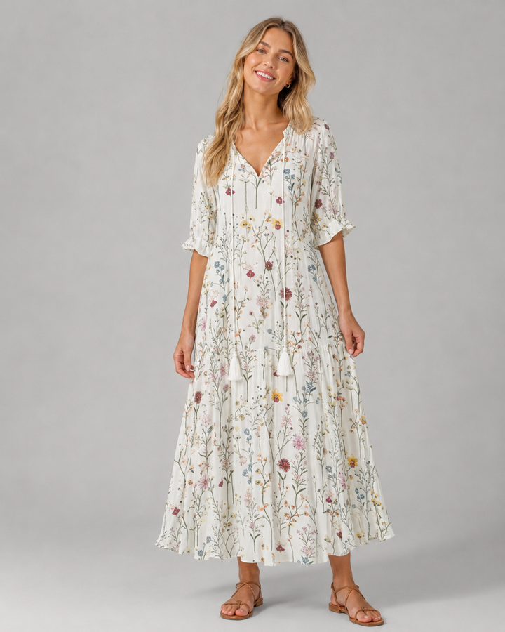 Dam Sommarklänning Boho Vintage Med V-Ringning