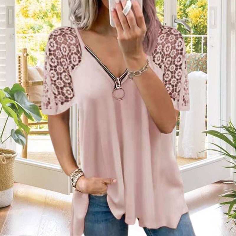 Damtopp i spets med korta ärmar