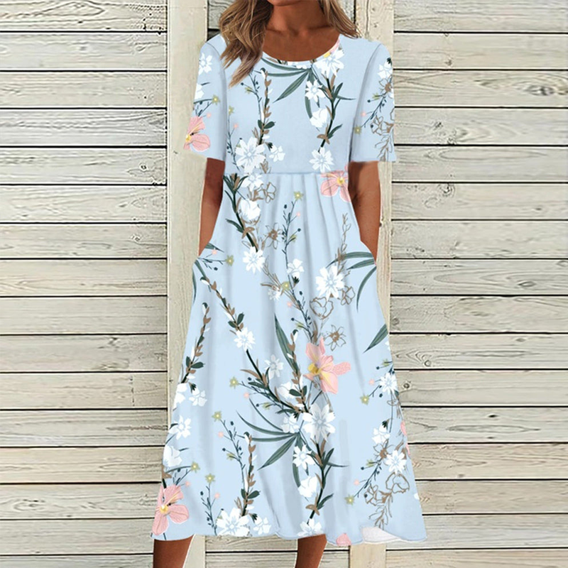 Kvinnlig Blommig A-linje Klänning Rund Hals Midi