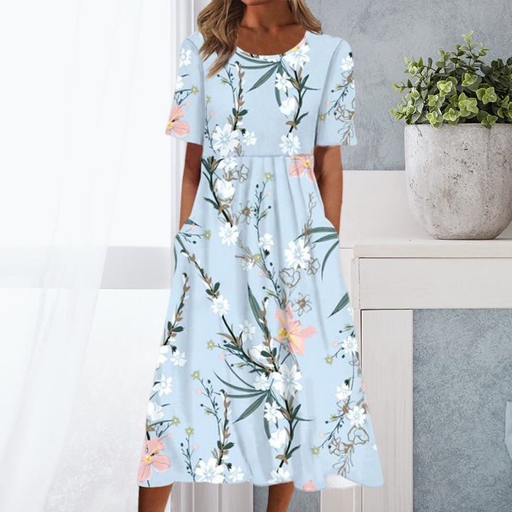 Kvinnlig Blommig A-linje Klänning Rund Hals Midi