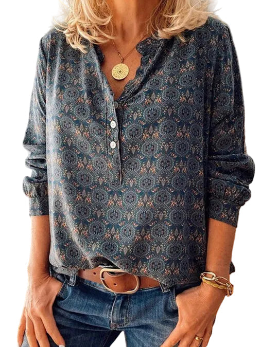 Kvinnors Långärmad Blus med Elegant Vintagetryck