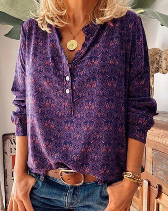 Kvinnors Långärmad Blus med Elegant Vintagetryck