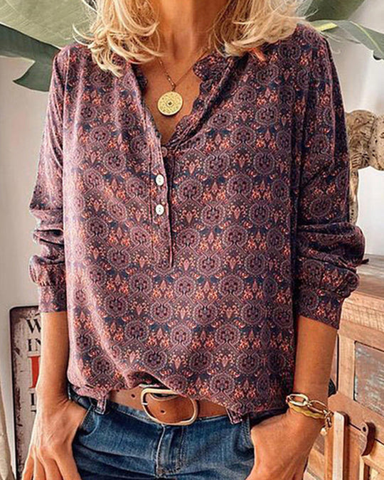 Kvinnors Långärmad Blus med Elegant Vintagetryck