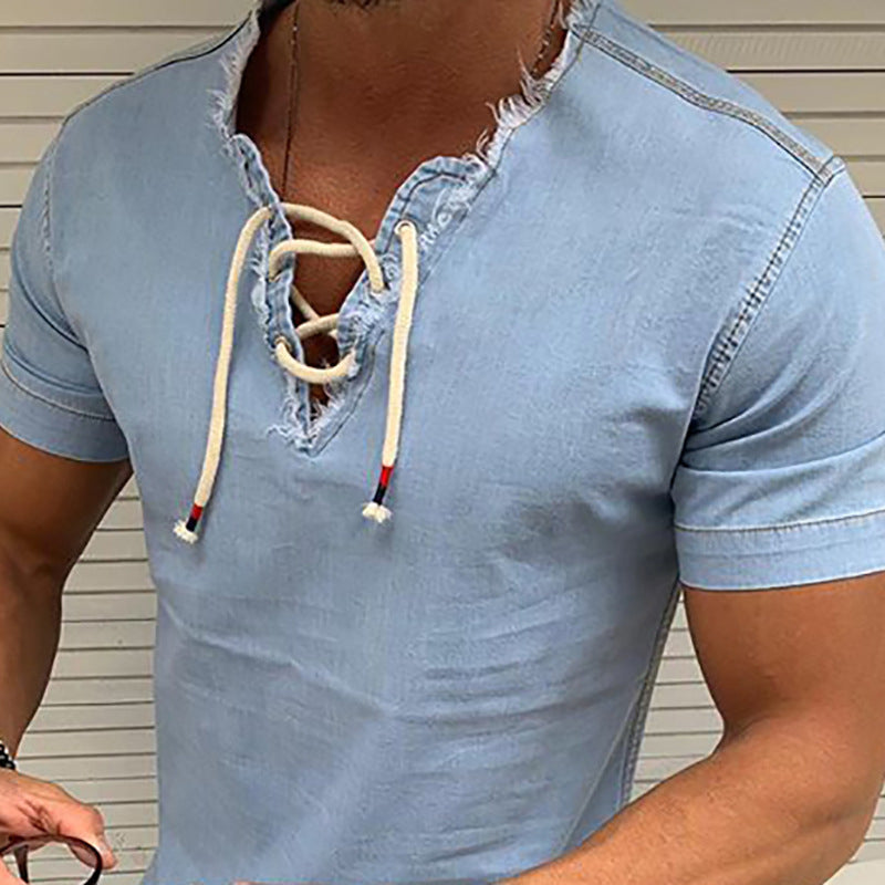 Herrskjorta i stretchjeans med spetsdetaljer