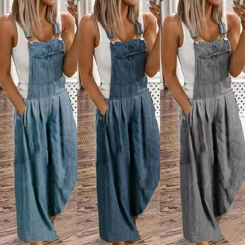 Kvinnors Denimficka Jumpsuit med Vida Ben