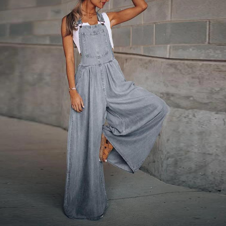 Kvinnors Denimficka Jumpsuit med Vida Ben