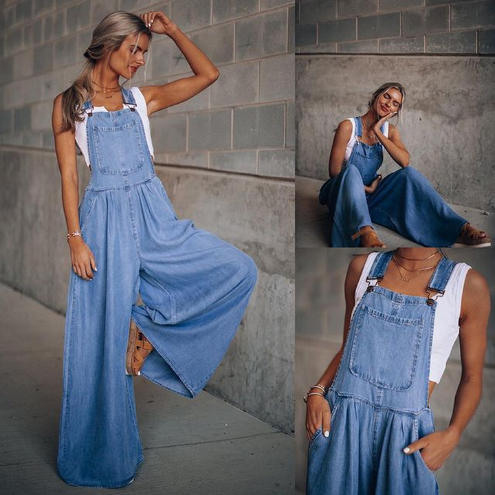 Kvinnors Denimficka Jumpsuit med Vida Ben