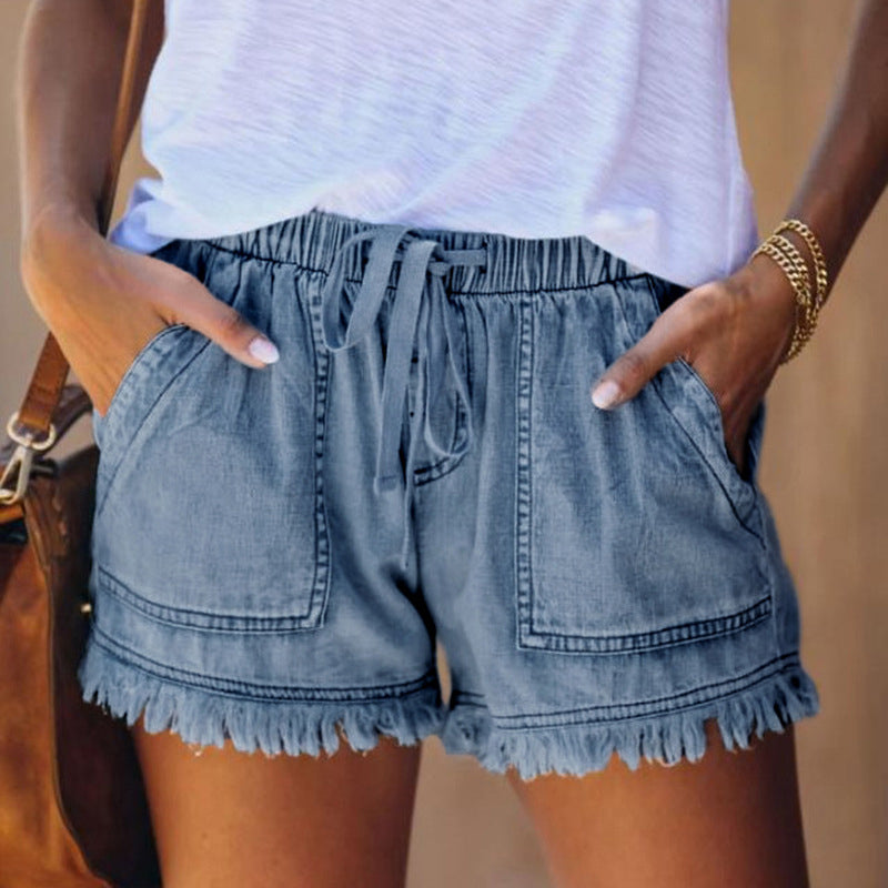 Herr Denimshorts med Hög Midja och Dragsko