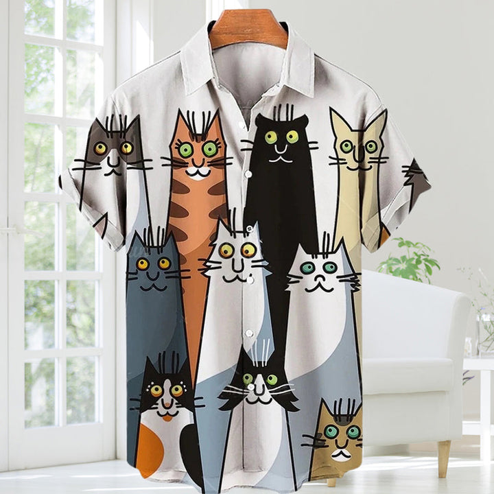 Kortärmad skjorta herr med katttryck
