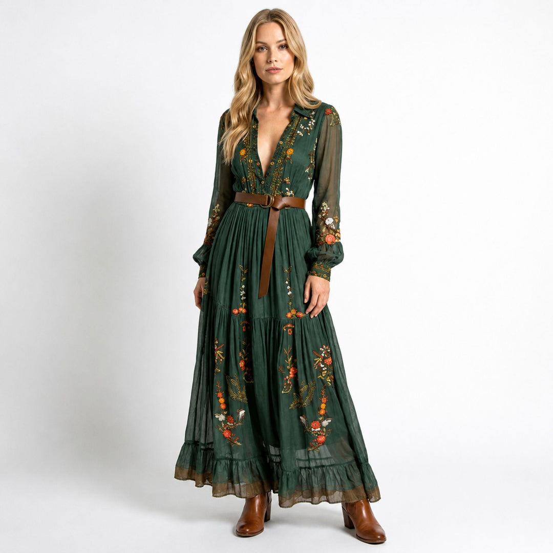 Kvinna Maxiklänning V- Ausschnitt Boho Stil