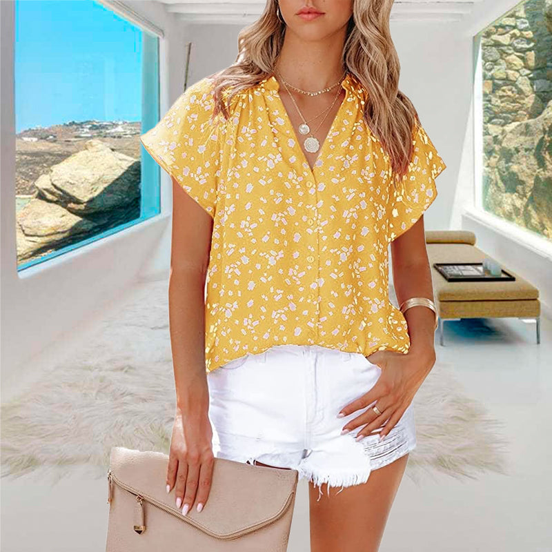 V-ringad Blommönstrad Boho Topp för Kvinnor
